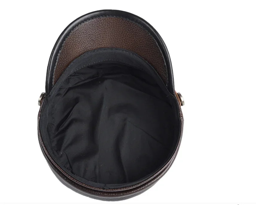 Unisex German Military Cap Man Genuine Leather Flat Top Hat Korean Fashion Eagle Mark Chain Punk Locomotive Casquette Male
