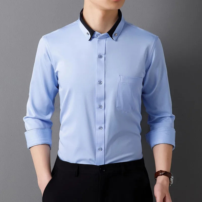 New Men Dress Shirts Long Sleeve Calssic Formal Business Social Solid Color Office Party Slim Fit White-Black-Red-Blue-Purple