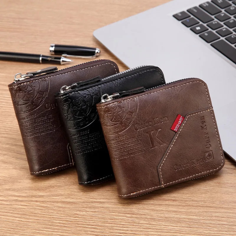 Men’s PU Waxed Oil Leather Wallet – Short Bifold Coin Purse with All-Around Zipper for Cash & Cards