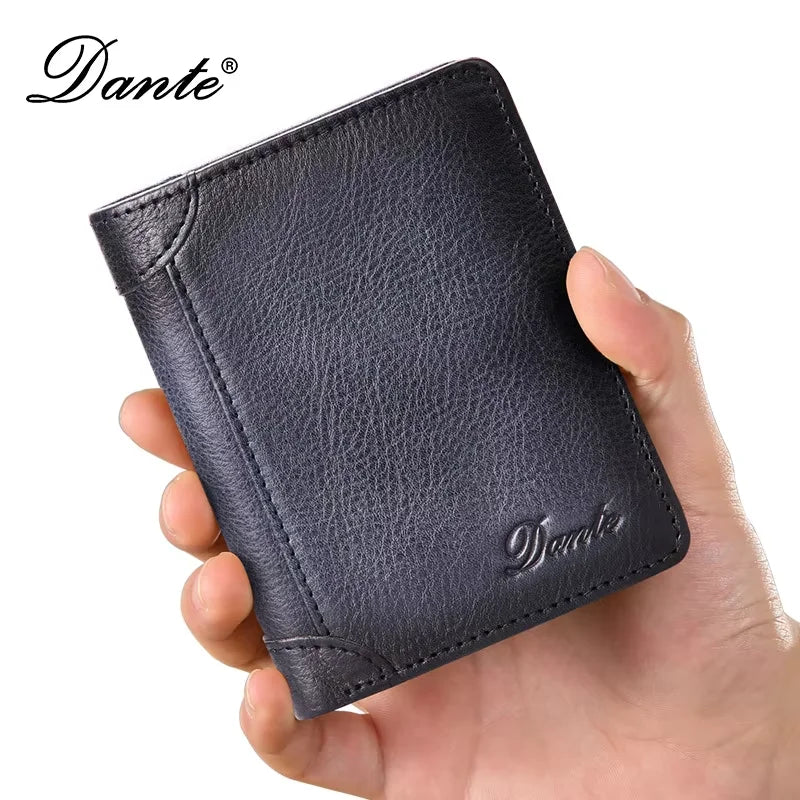 Dante Men's Leather Wallet RFID Anti-theft Brush Head Layer Cowhide Retro Casual Vertical Multi-Function Money Bag Money Clips