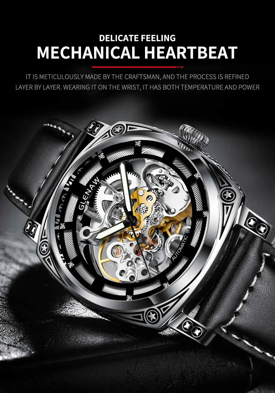 Relogios Masculino Glenaw Mens Watches Top Brand Luxury Personal Carving Watch Men's Stainless Steel Waterproof Watch Montre Hom