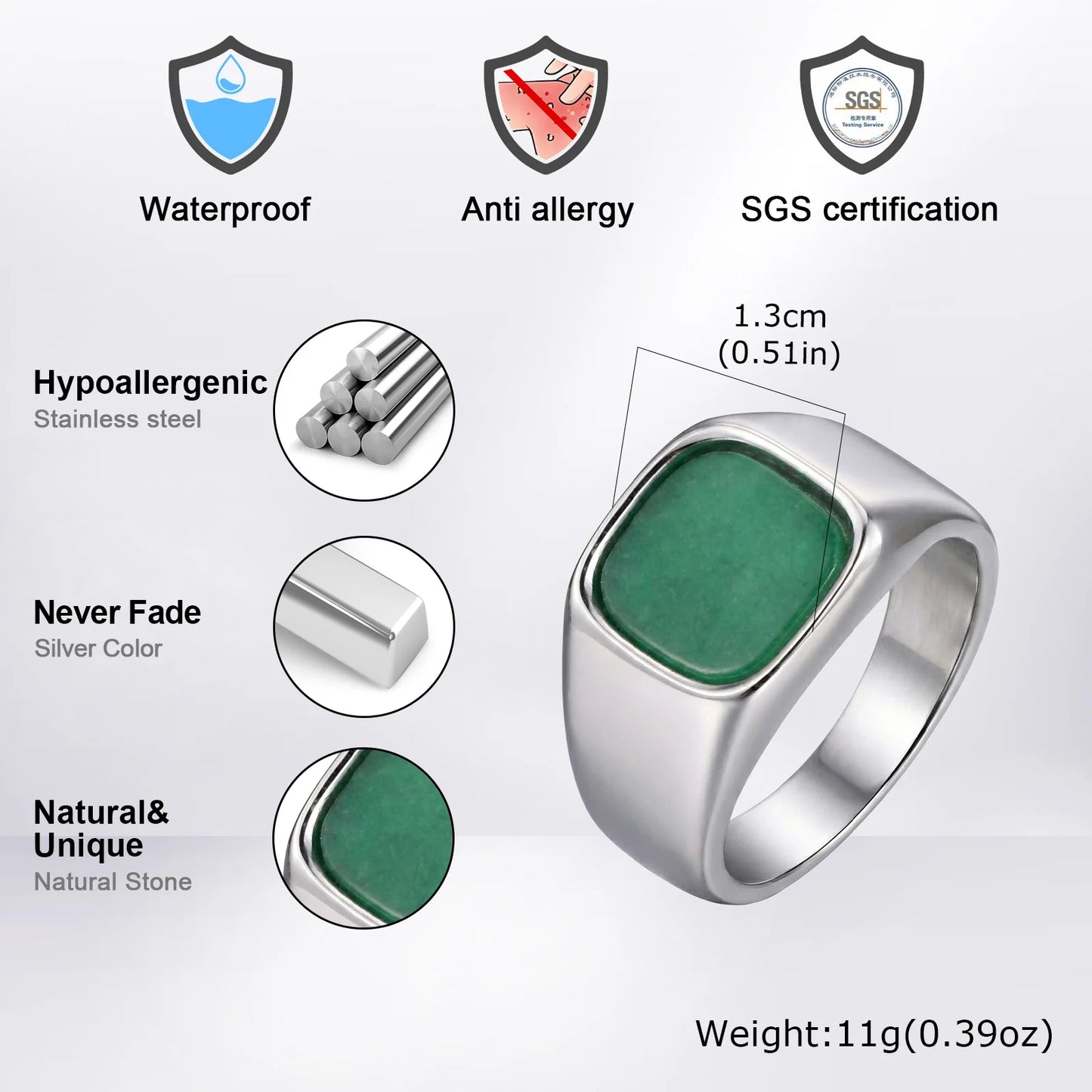 Stylish Square Natural Stone Ring for Men,Waterproof Stainless Steel Signet Ring,Birthday Party Gift for Him Dad