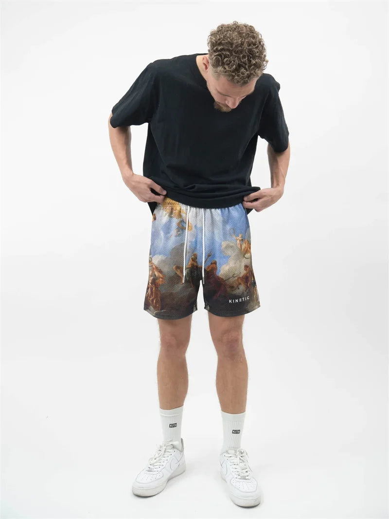 Summer New men short pant Rose Design Casual Shorts Street Hip Hop Fitness Polyester Fast Dry Breathable Embroidery Men Shorts