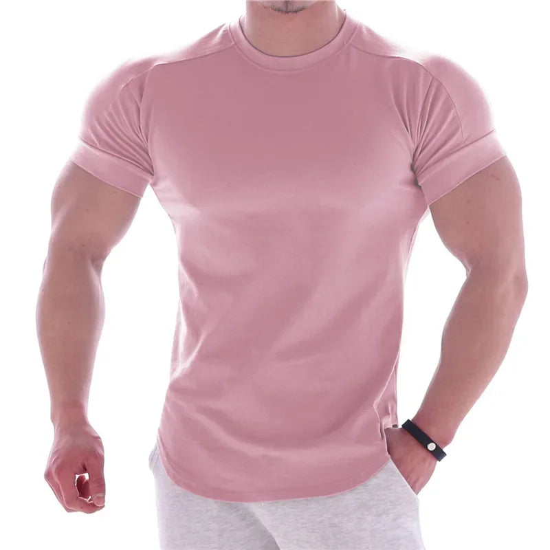 NEW Men Summer T Shirts High Elastic Slim Fit T shirt Men Quick-drying Curved Hem Mens T-Shirts Fitness casual Solid Color tops