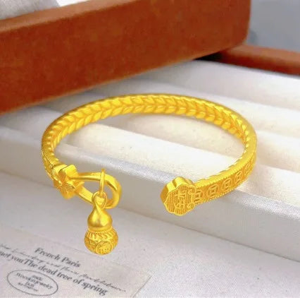 Gourd Open Bangle Women's 24K Gold AU999 - Gold gourd bangle, adjustable size for dating occasions