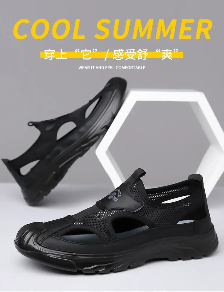 2025 Summer Beach Sandals for Men New Hollow Men's Sandals Outdoor Breathable Mens Bag Head Mesh Casual Shoes Zapatillas Hombre