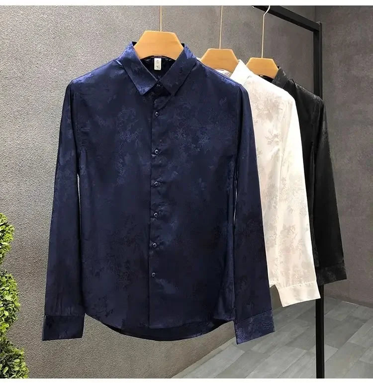 Men's High-end Shirt Spring and Autumn Summer Long-sleeved Handsome Dark Pattern Shirt Slim and Trendy Brand Versatile Top