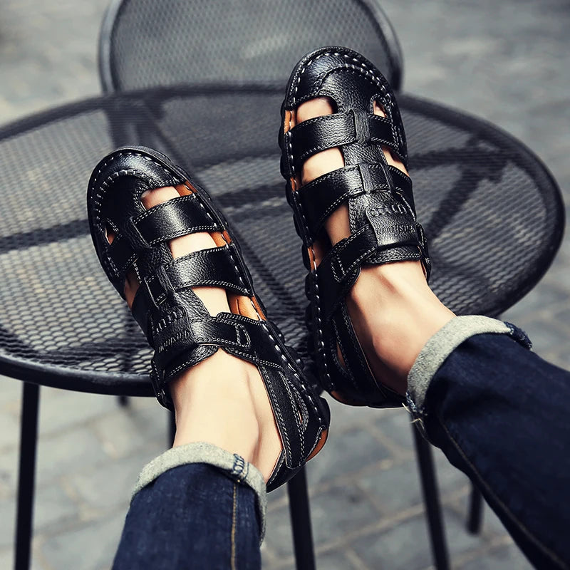 New Summer Genuine Leather Roman Men's Sandals Business Casual Shoes Outdoor Beach Wading Slippers Men's Shoes Big Size 48