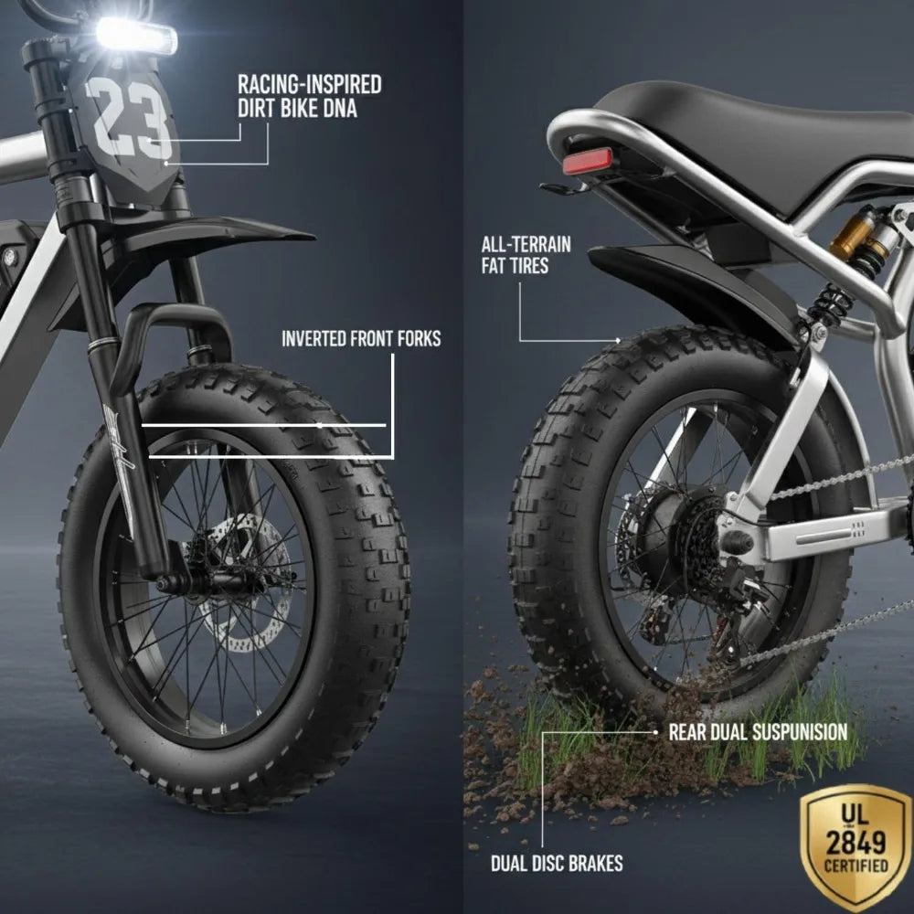 Electric Dirt Bike for Adults, 1500W-3000W Peak Ebike, 16"/20" Fat Tire All-Terrain E-Bike, Dual Suspension, Customized