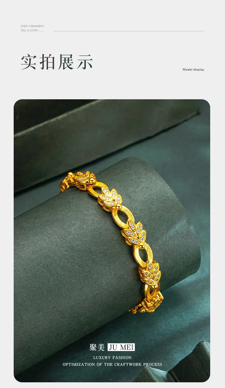 9999 24K real gold diamond leaf bracelet with gold color clip buckle design as a birthday gift for your girlfriend