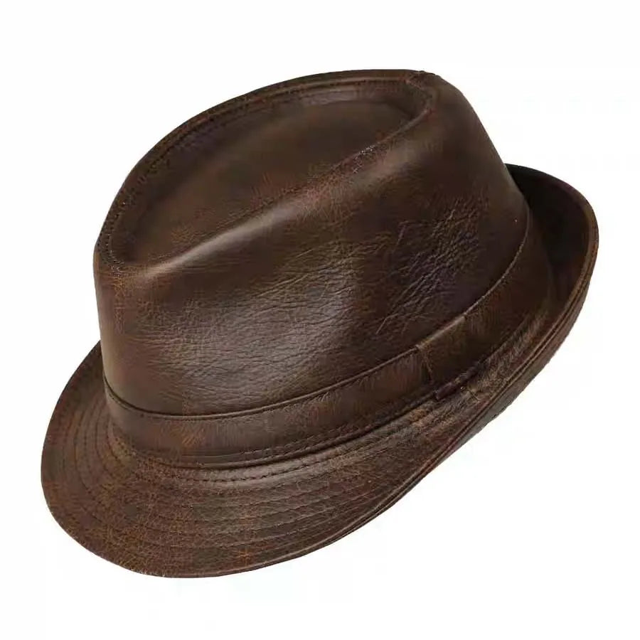 Man High Quality Genuine Leather Jazz Fedora Gentleman Cowhide Short Brim Black/Brown Top Hat Male Shows Topper Color Blocking