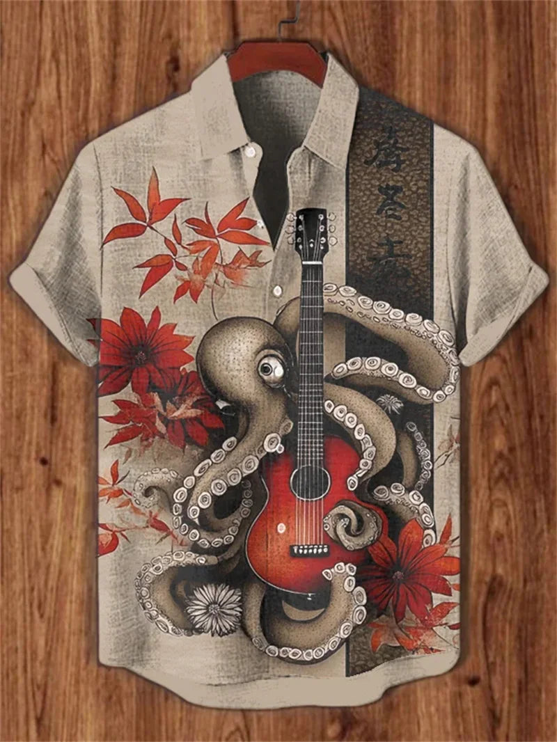 New men's linen art 3D wave print short sleeved shirt with warrior cat animal pattern casual short sleeved shirt top