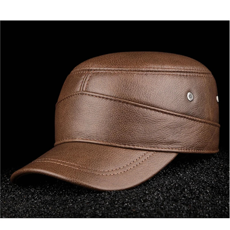 2025 New Men Spring/Winter Real Leather Black/Brown Flat Baseball Caps Male 54-62 cm Customized Size Outdoor Snapback Golf Hat
