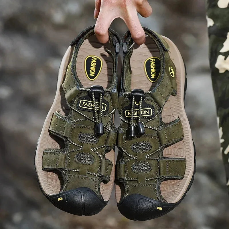 Big Size Men's Sandals Summer Anti-collision Outdoor Walking Treking Casual Shoes Leather Hiking Men Slippers Beach Wading Shoes