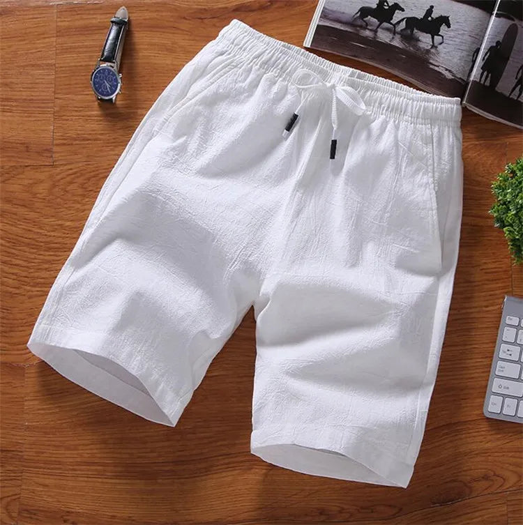 Men Shorts Slim Fit 2025 Summer Cotton Linen Knee Length Breathable Male Clothing Pure Straight Shorts Big Size M-6XL 7XL white