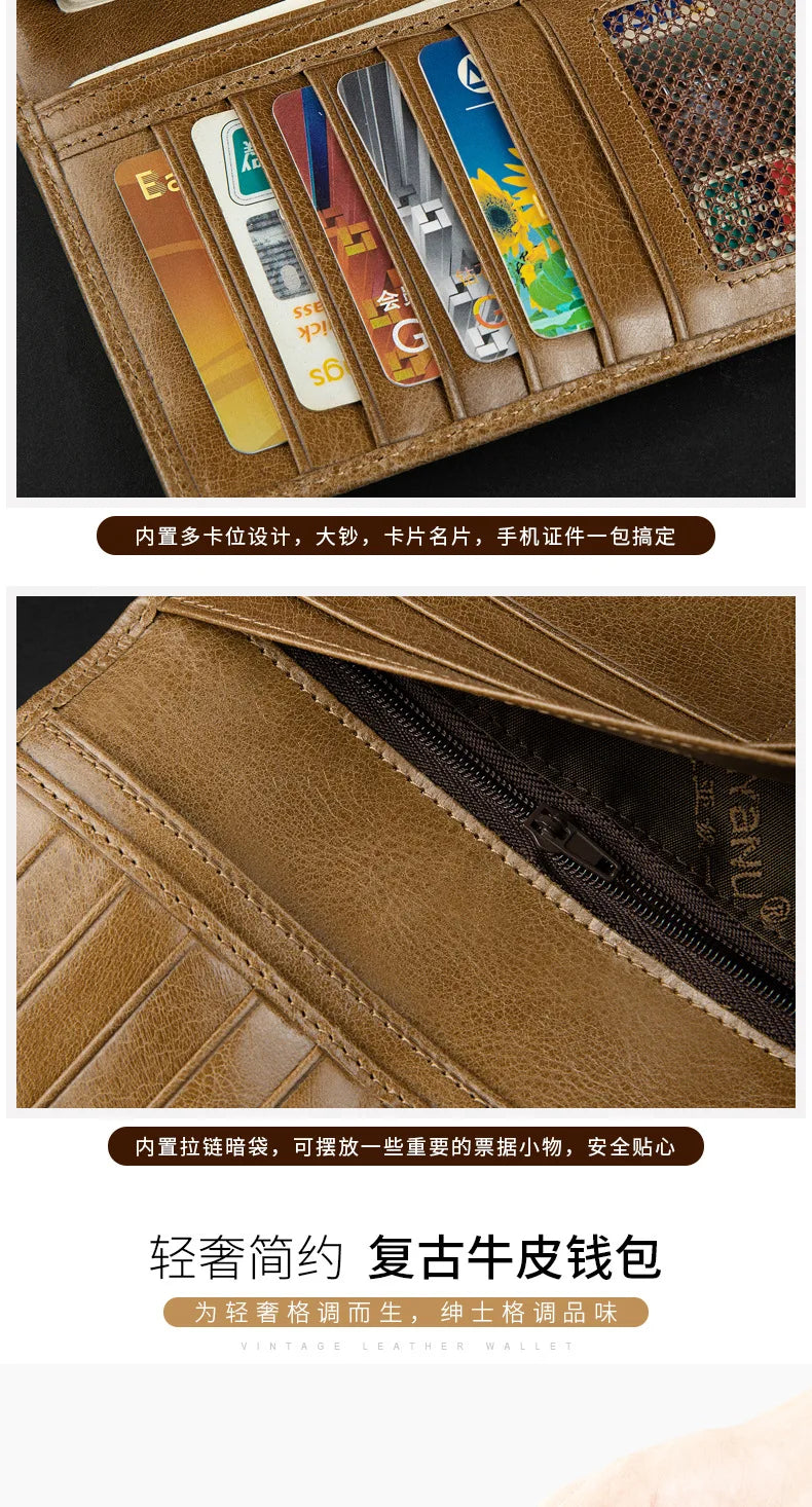 Banyanu Leather Factory Wallet Men's Long Leather Ultra Thin Anti theft Brushed Leather Wallet with Zipper Leather Wallet