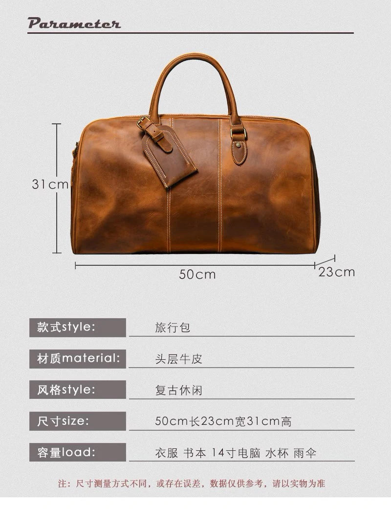 Leathfocus Men's Head Cowhide Travel Tote Crazy Horse Leather Crossbody Bag Women Camping Luggage Bag 14" Laptop Travel Bag
