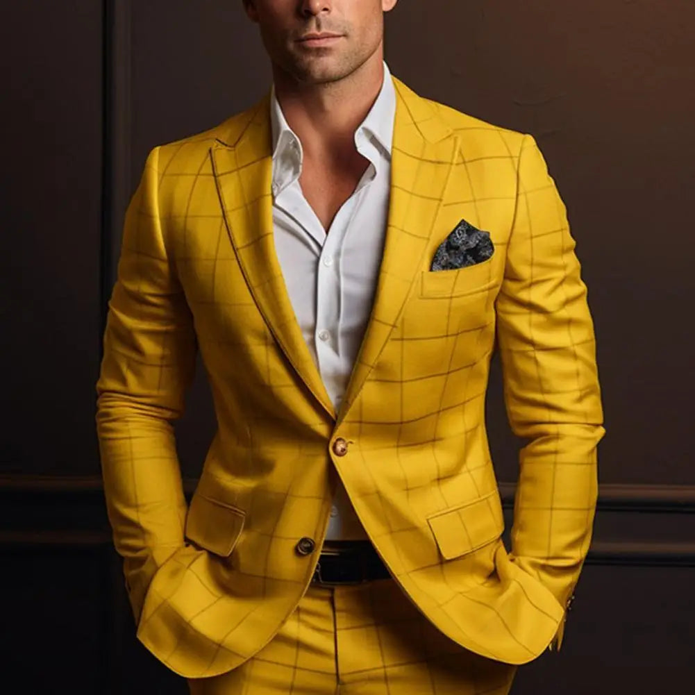 Men Suit Coat Formal Business Style Slim Fit Plaid Print Long Sleeve Single Button Closure Mid Length Straight Cardigan Work Coa