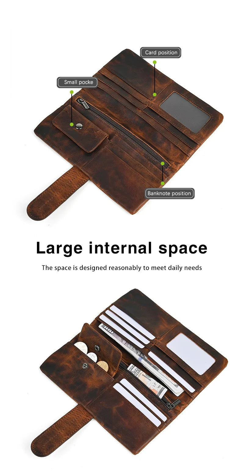 Vintage Genuine Leather Men's Long Wallet Real Cowhide Leather Long Purse Men Women Smooth Skin Leather Card Purse Anti Theft