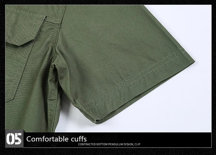 Summer men's thin short sleeved shirts, men's outdoor work clothes, multi bag half sleeved tops, pure cotton washed shirts