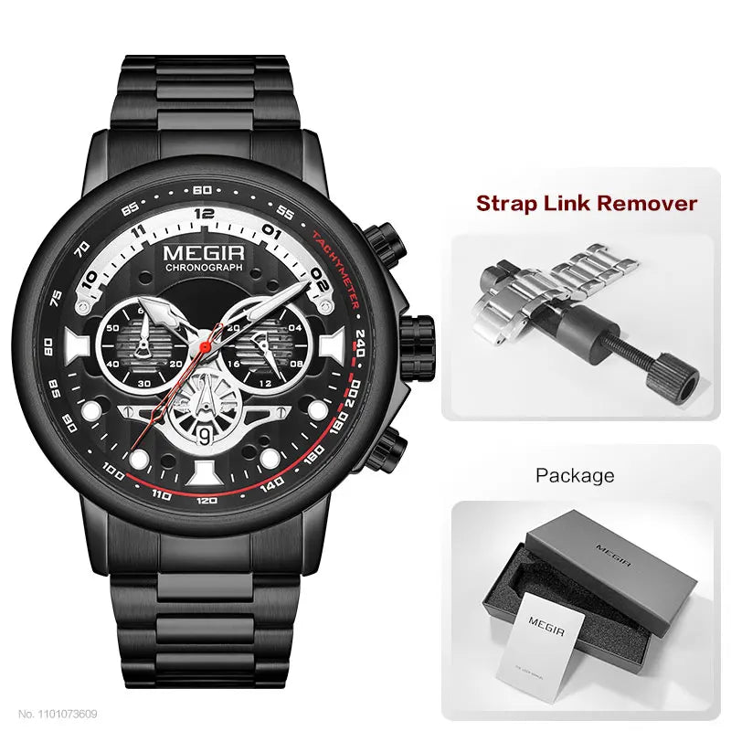 MEGIR Men's Watch Fashion Waterproof Chronograph Quartz Wristwatch with Auto Date Stainless Steel Strap Luminous Hands 24-hour