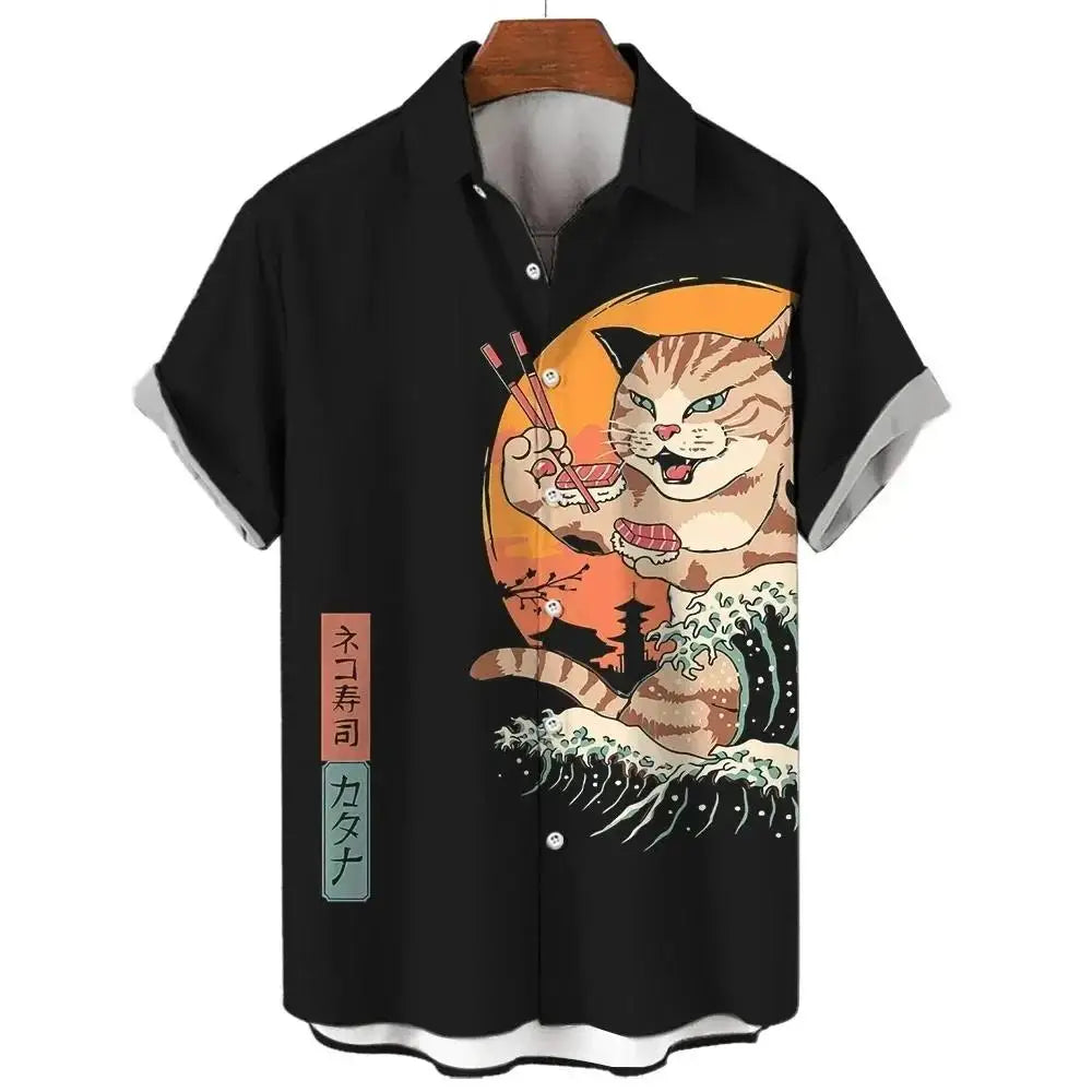 Fashion Men's Clothing Cool Samurai Cat Tops Summer New Men's Clothing Casual Short-Sleeved Anime Loose Blouse Hawaii Beaches