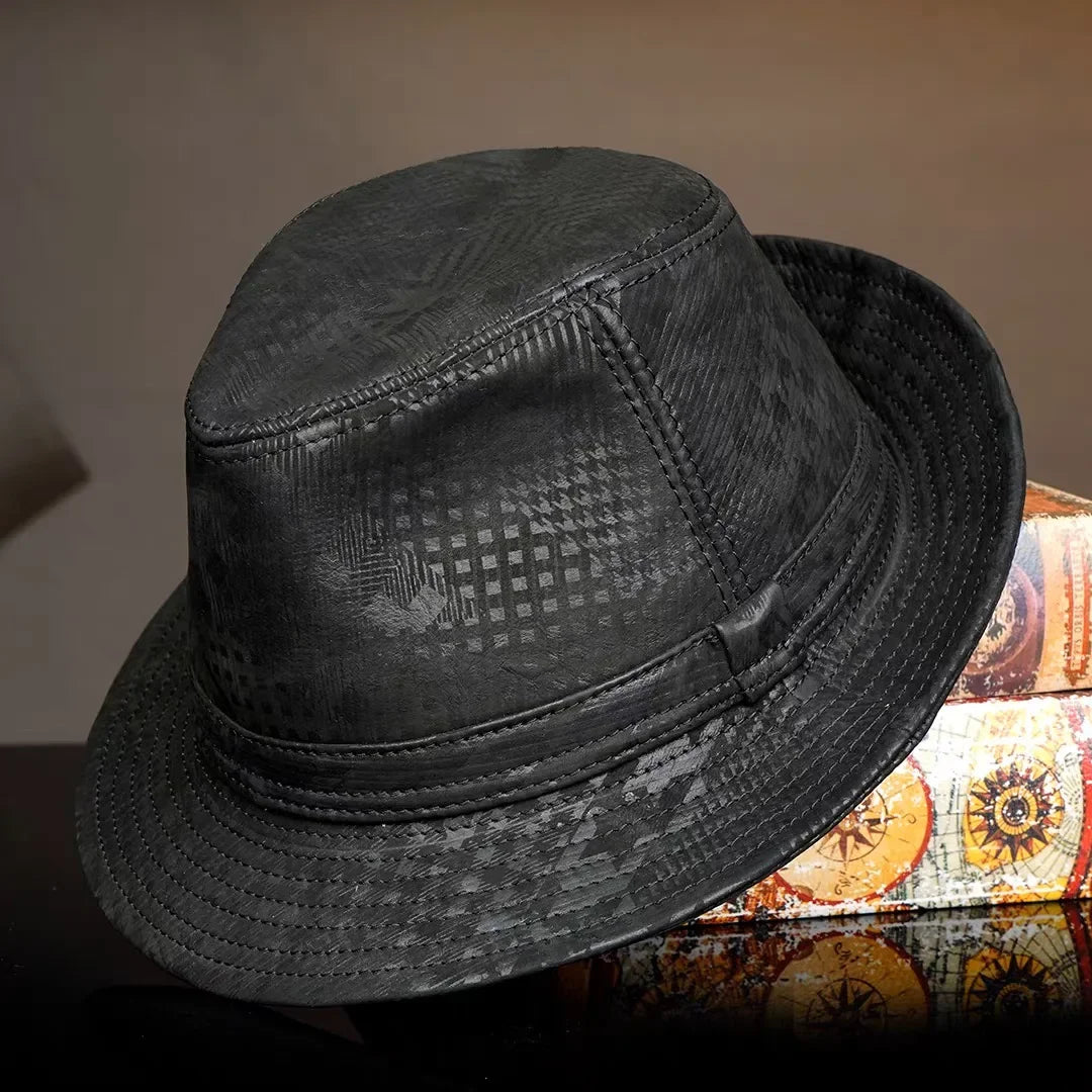 Retro Genuine Leather Cowhide Gentleman Fedoras Hat for Men Travel Warm Autumn Winter Top Hat
