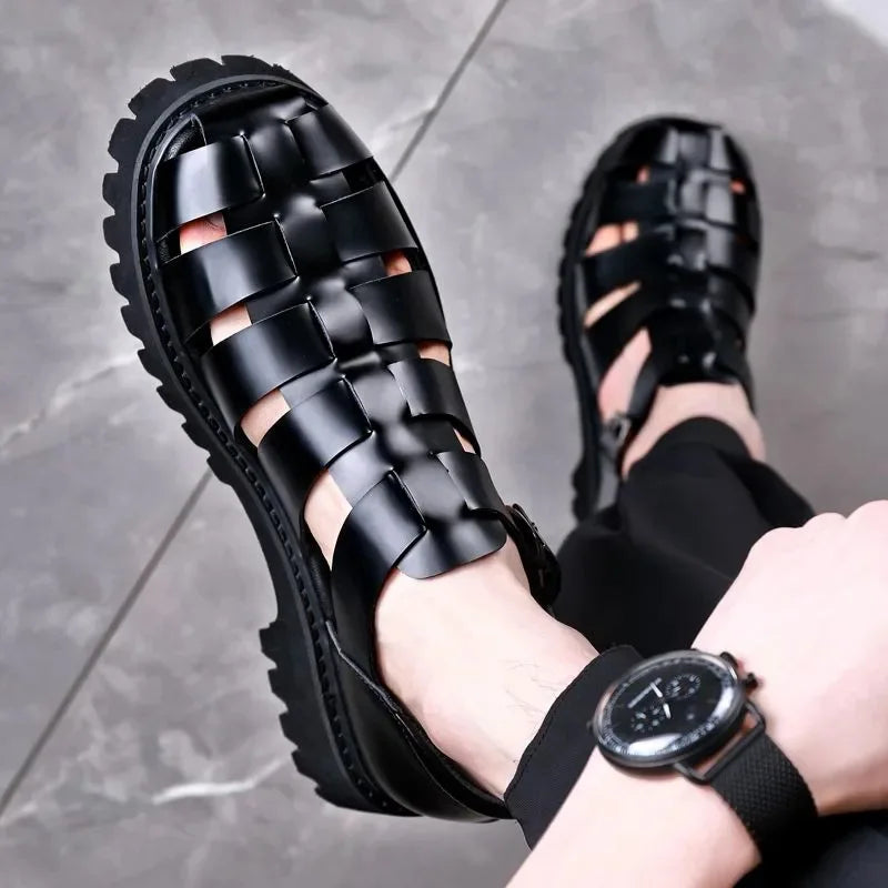 Fashion New Designer Platform Sandals for Men 2025 Summer Buckle Leather Dress Sandal Shoes Man Big Size Black  Sandalias Hombre