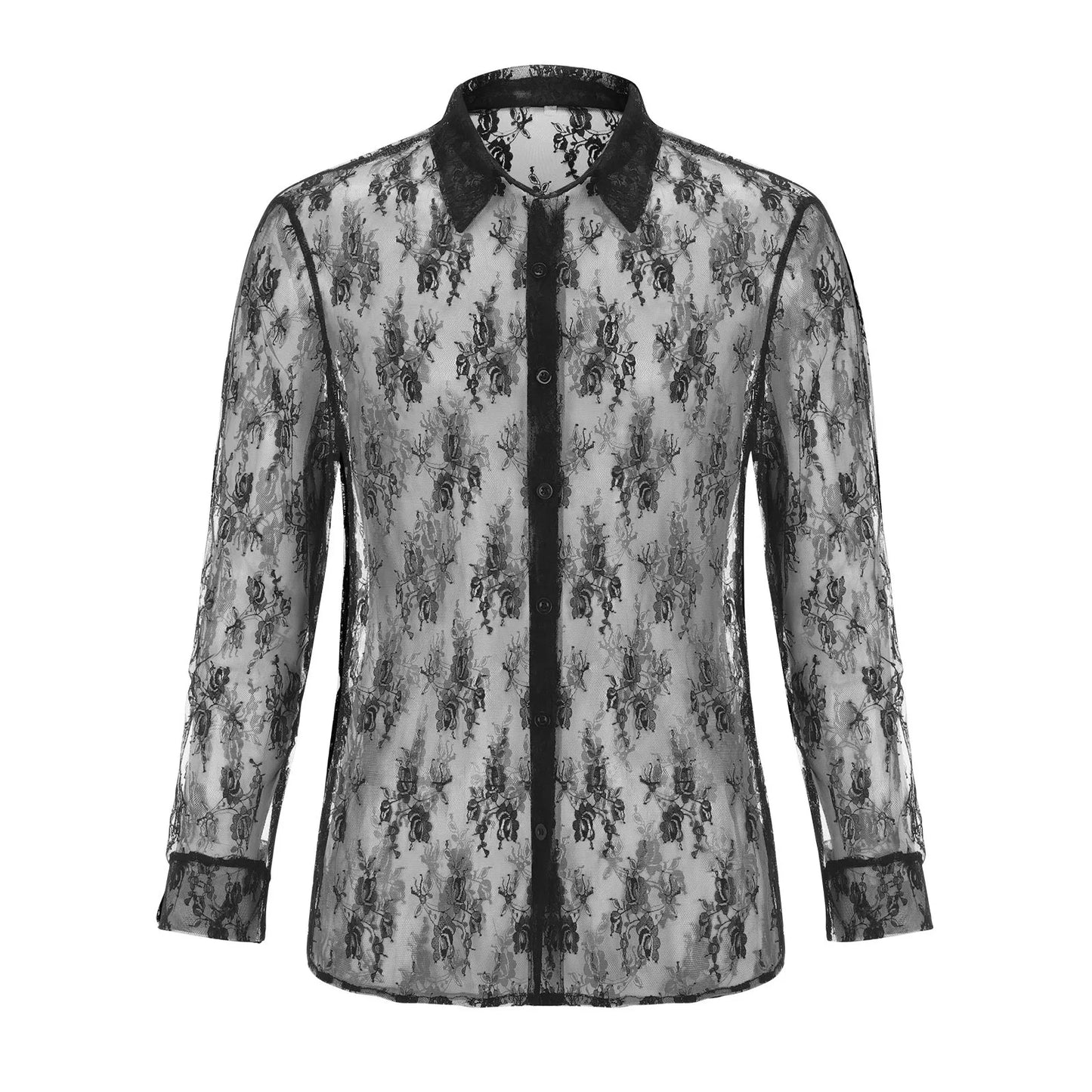 New 2025 Men's Casual Long Sleeve Shirts Black See-through Lace Top Shirts Slim Sexy Club Party Men's Sexy Shirt Hollow Out Tops