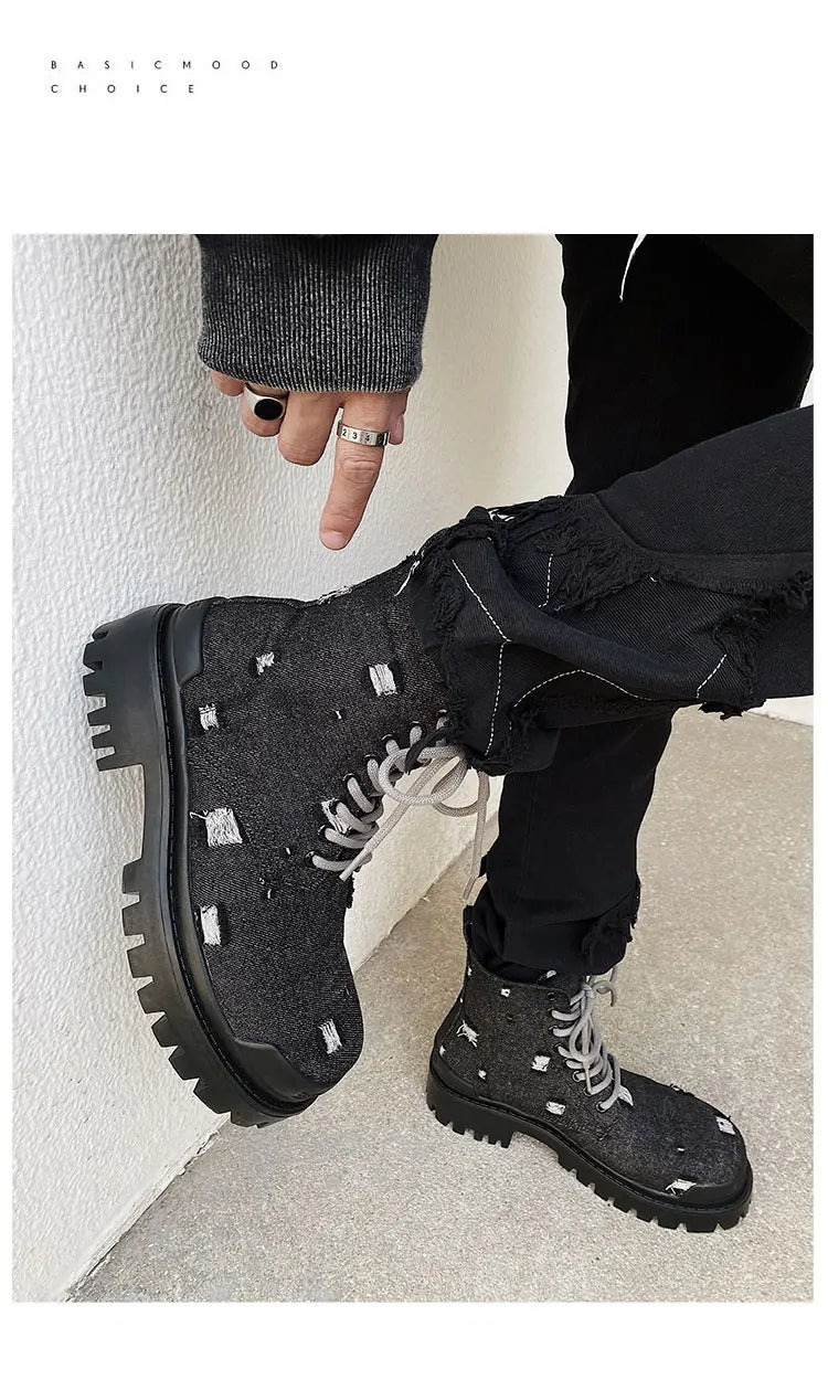 Mating boots for men new design black washed denim canvas short boots distressed style thick soled shoes Street Style