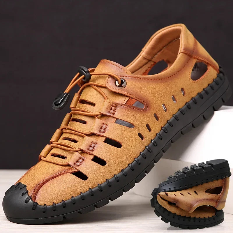 New 2025 Summer Shoes Men Sandals Genuine Leather Flat Non-slip Holiday Fashion Male Footwear Black Yellow D326