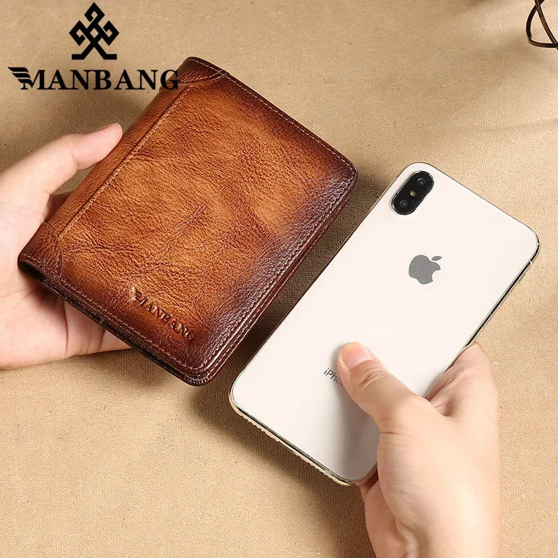 【Genuine Cow Leather / Gift Box】ManBang Luxury Men's Wallet RFID Short Trifold For Men with ID Window and Credit Card Holder