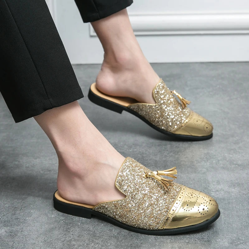 2024 New Luxury Designer Men's Casual Bling Leather Loafers Italian for Men Half Shoes Mules Male Black Slides Business Slippers