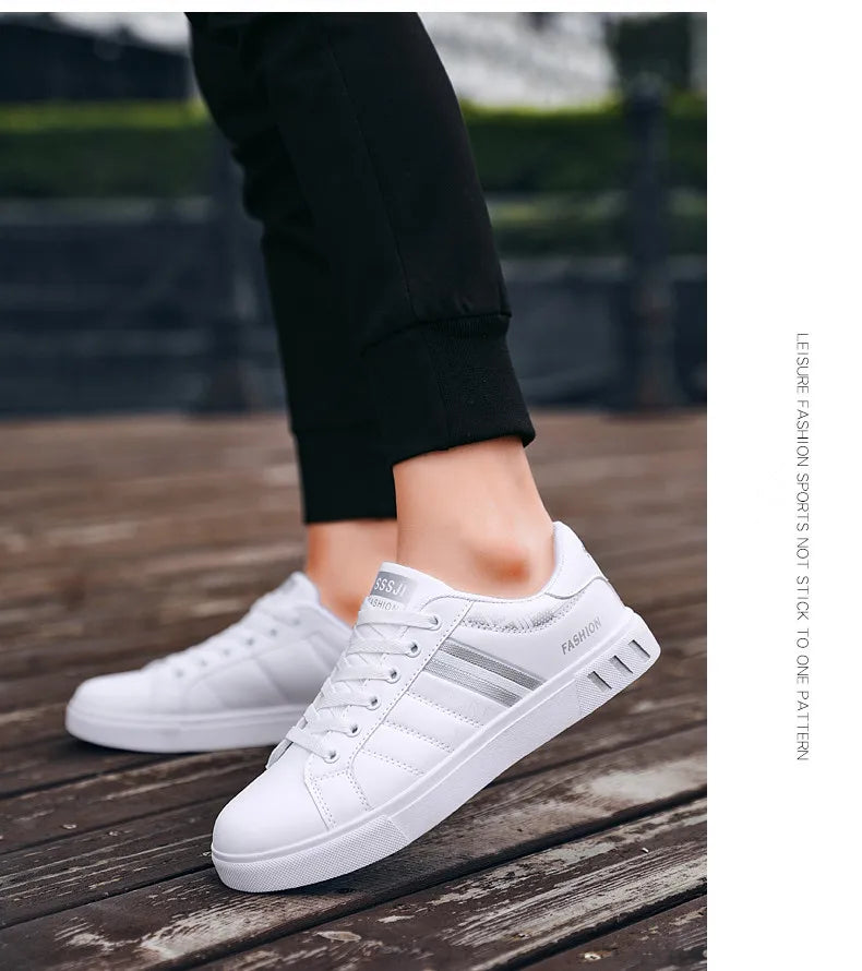 Men's Casual Sports Shoes for Men Lightweight PU Leather Sneakers  Breathable Mens Flat WhiteTennis Shoes