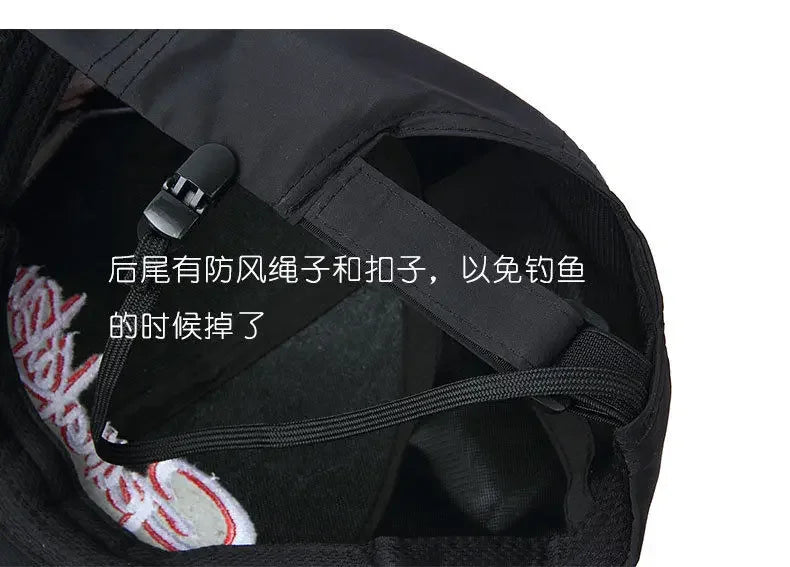Summer Fishing Cap for Men and Women, Waterproof Sun Protection, Embroidery Cotton Caps, Outdoor Sports Hats, Black