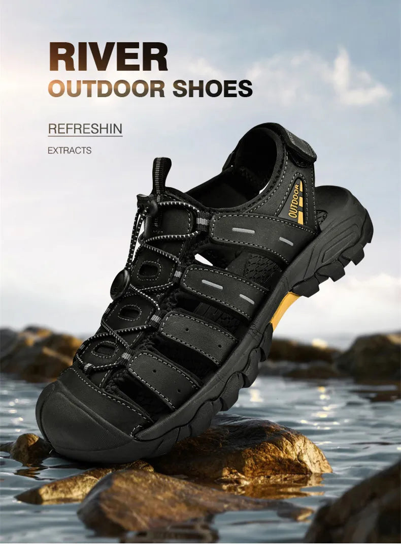 Summer Genuine Leather Men's Sandals Classic Breathable Slip-On Sandals Men Outdoor Casual Beach Sandals Sneakers Plus Size 46