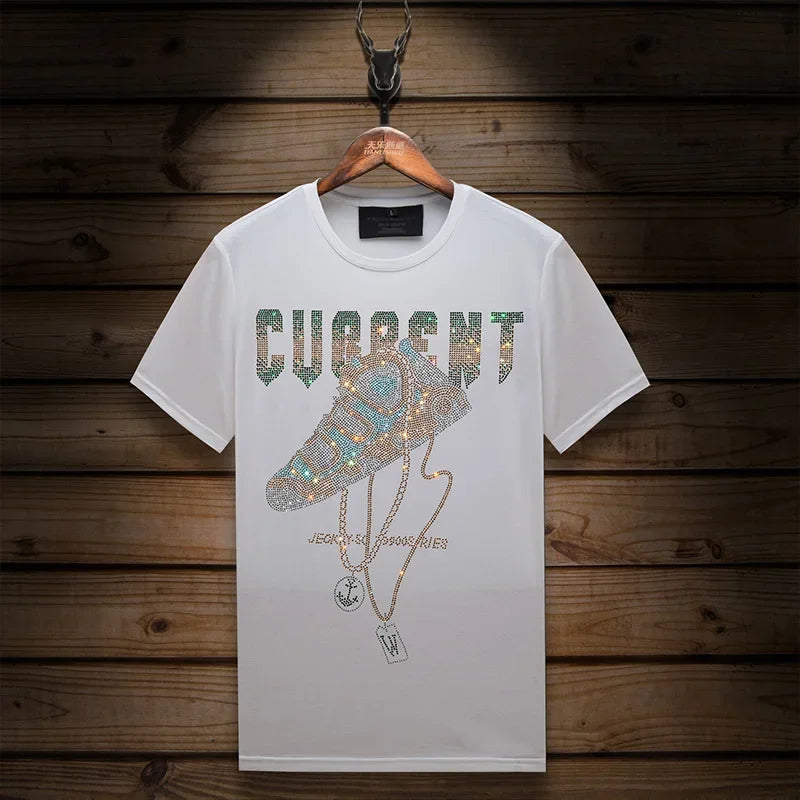 2025 Summer Mens T Shirts Fashion Clothing Shoes Rhinestones O Neck Short Sleeve Slim Casual T-shirts for Men Camiseta Hombre