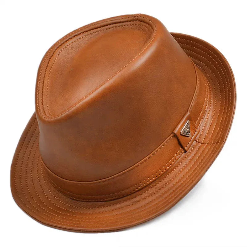 Male High Quality Genuine Leather Sheepskin Formal hat Gentleman Cow Skin Short Brim Yellow Brown Top Hat Male Shows Gentleman