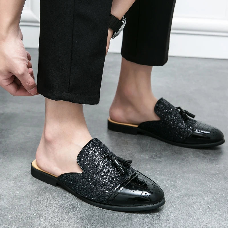 2024 New Luxury Designer Men's Casual Bling Leather Loafers Italian for Men Half Shoes Mules Male Black Slides Business Slippers