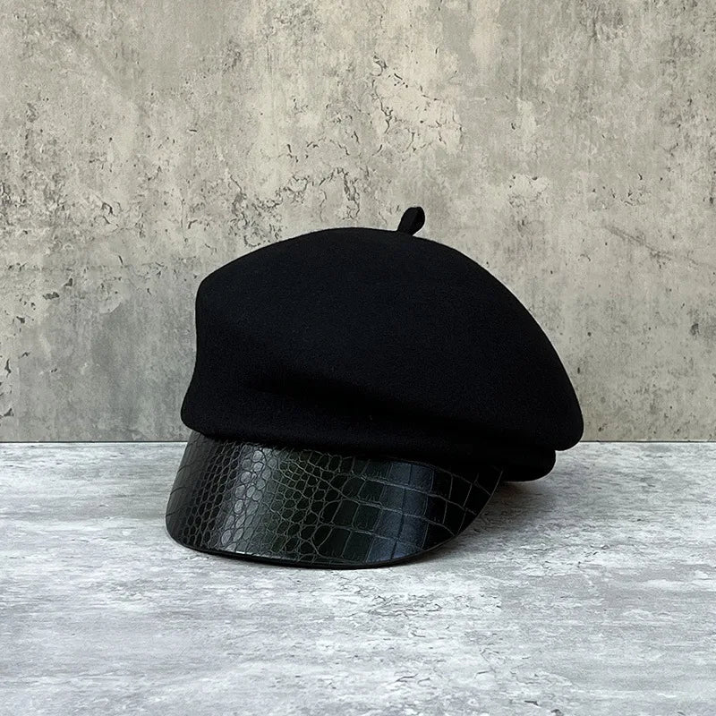 Fashion leather brim wool beret women's autumn/winter Korean style newsboy hat British knight hat duck cap Japanese system