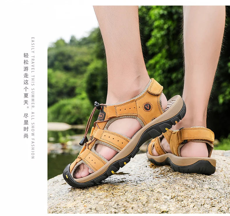Summer Men Sandals Genuine Leather Mens Casual Shoes Outdoor Men Leather Sandals for Men Beach Shoes Roman Shoes Plus Size 38-48