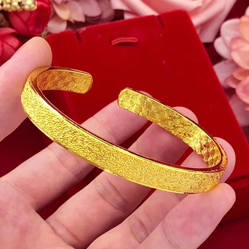 Vintage Matte Open Bangle for Men, 24K Gold, AU999 | Wide with distressed finish, authoritative ancient symbolism.