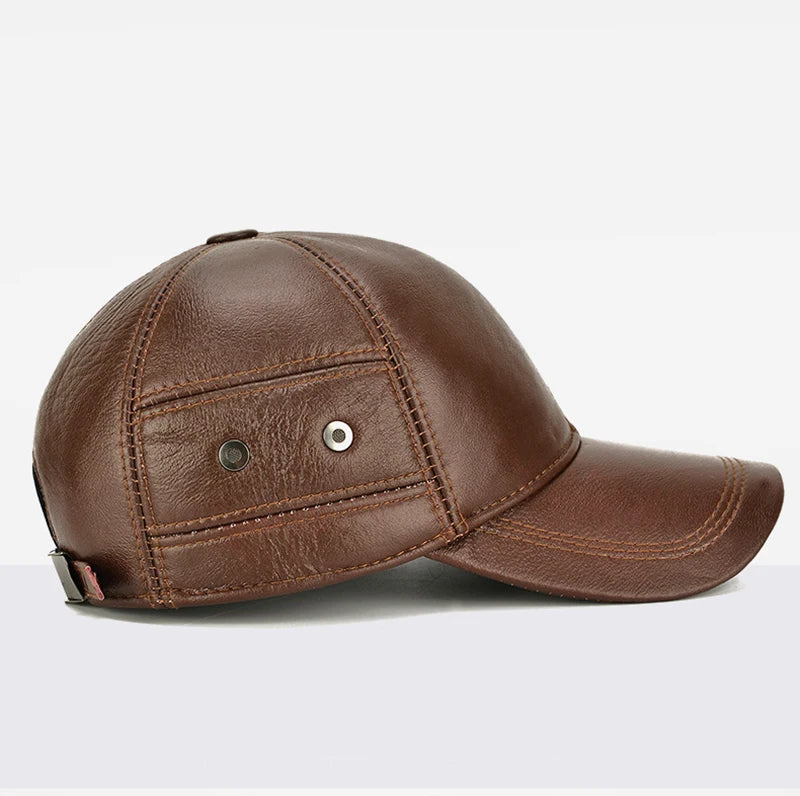 2025 New Style Men Cowhide Hat Winter Warm Outdoor Protect Ear Real Leather Adjustable Baseball Cap Men Real Cowhide Leather Cap