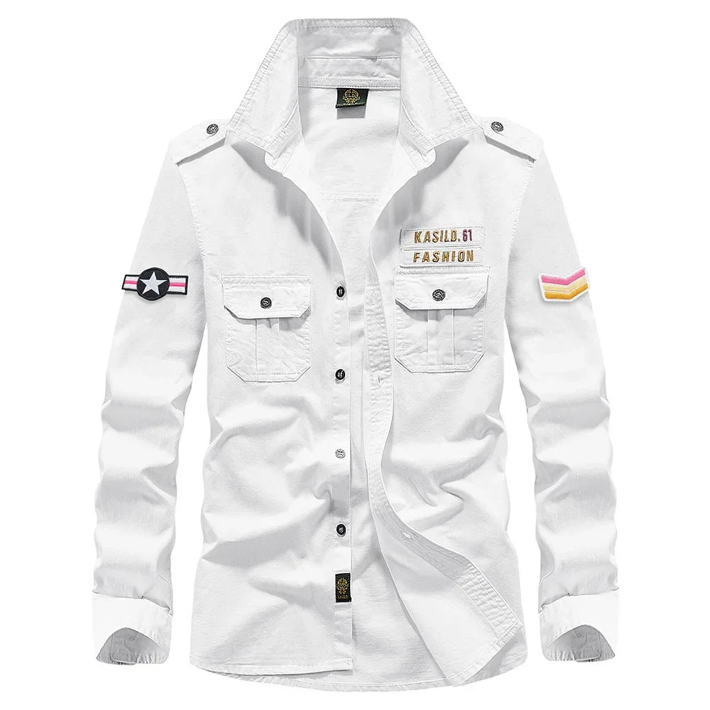 2023 Spring Shirts Men Long Sleeve Casual 100% Cotton High Quality Camisa Military Shirts Fashion Brand Clothing Black Blouse