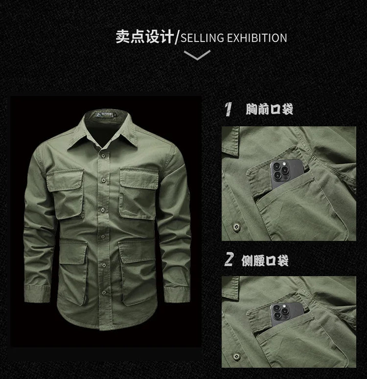2025 new new men's long-sleeved shirt autumn and winter youth casual overalls fashion trend solid color shirt top
