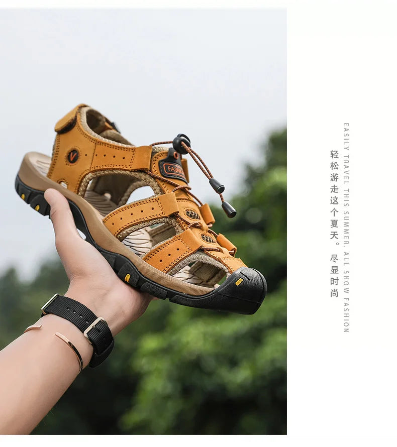 Summer Men Sandals Genuine Leather Mens Casual Shoes Outdoor Men Leather Sandals for Men Beach Shoes Roman Shoes Plus Size 38-48