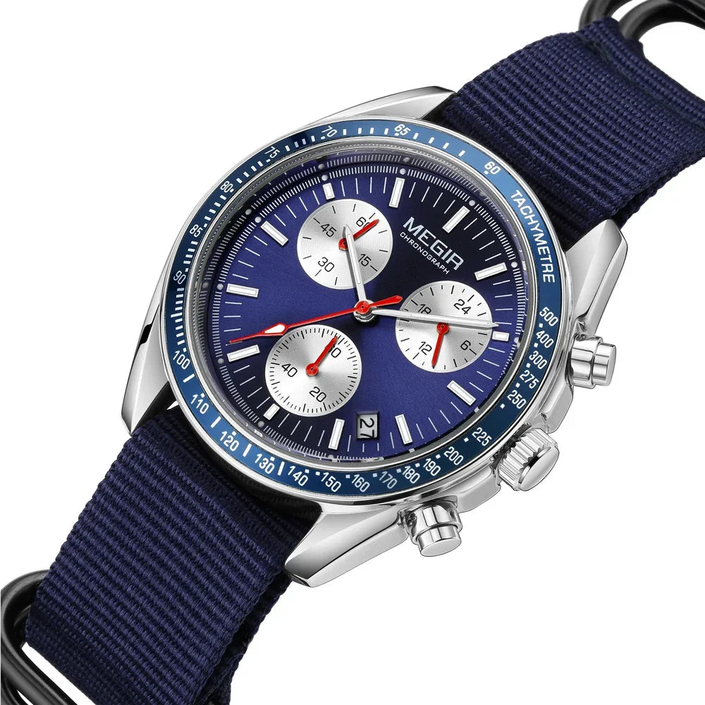 MEGIR New Luxury Men's Watches Canvas Weaving Strap Sport Automatic Chronograph Quartz Waterproof Wristwatch for Male 2247