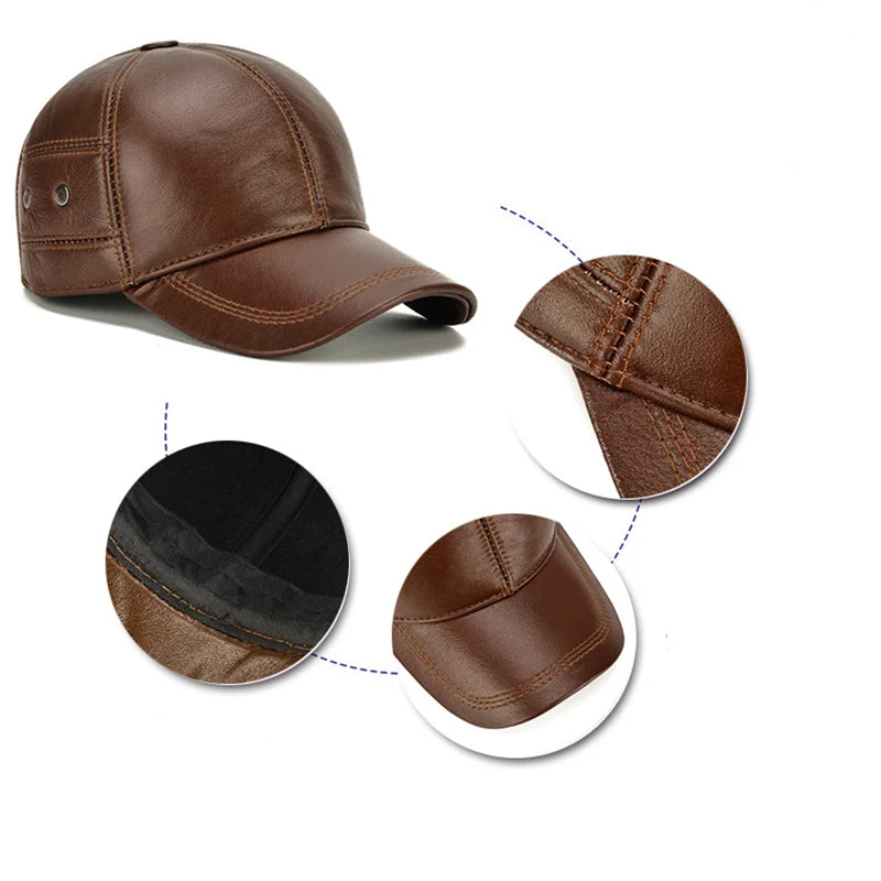 2025 New Style Men Cowhide Hat Winter Warm Outdoor Protect Ear Real Leather Adjustable Baseball Cap Men Real Cowhide Leather Cap