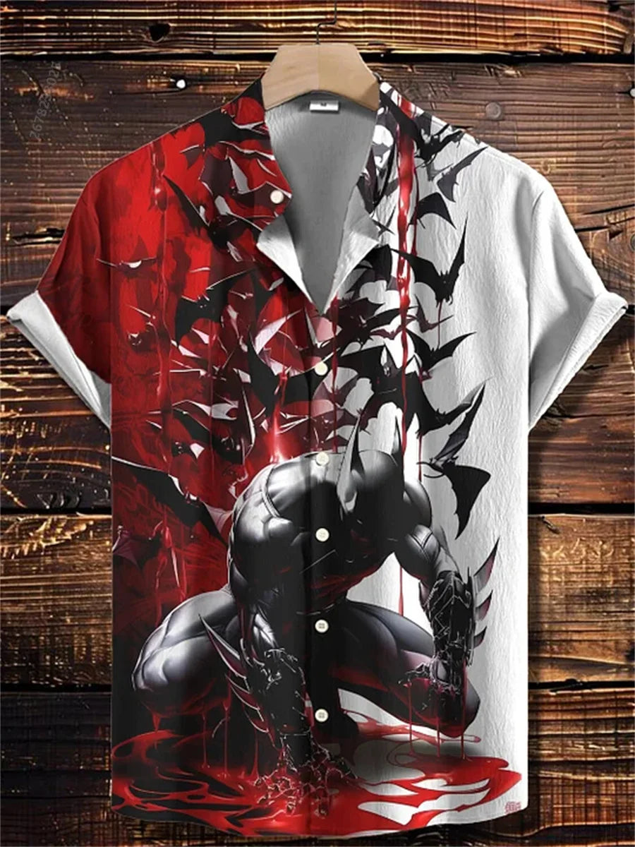 Men's short-sleeved shirt with samurai print and stylish ink painting design, summer casual men's top, trendy retro streetwear.