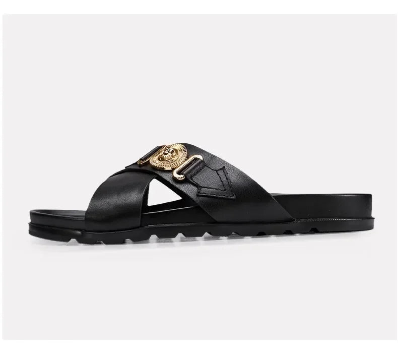 Trendy Versatile Men's Slippers Soft Sole One-Piece Genuine Leather Beach Shoes Cross Strap Casual Shoes Summer 2024